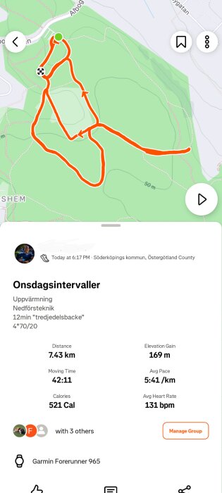 Löprunda spår på karta i Söderköpings kommun. Distans 7,43 km, tid 42:11 min, medelhastighet 5:41/km, höjdökning 169 m, 521 kalorier brända. Garmin Forerunner 965 använd.