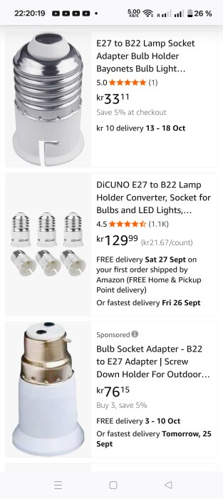 Bild med lampadapter E27 till B22 och B22 till E27, priser och leveransdatum på e-handelsplattform.