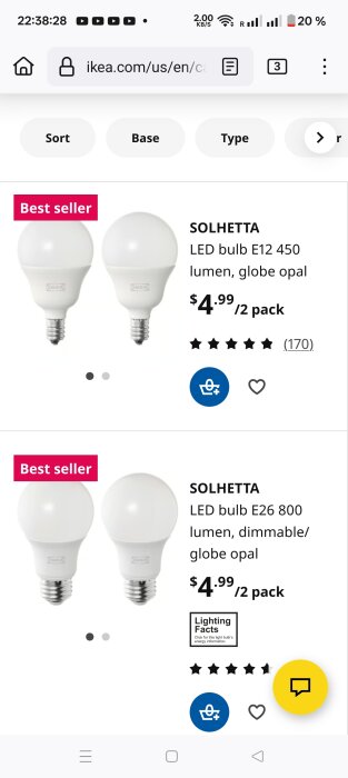 Två bilder av IKEA SOLHETTA LED-glödlampor, E12 450 lumen och E26 800 lumen, med priser och kundrecensioner.