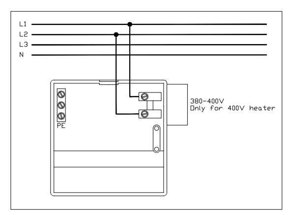 Kopplingsschema för ett 400V element, visar anslutningar för två faser (L1 och L2) och nollledare (N) med märkspänning 380-400V.