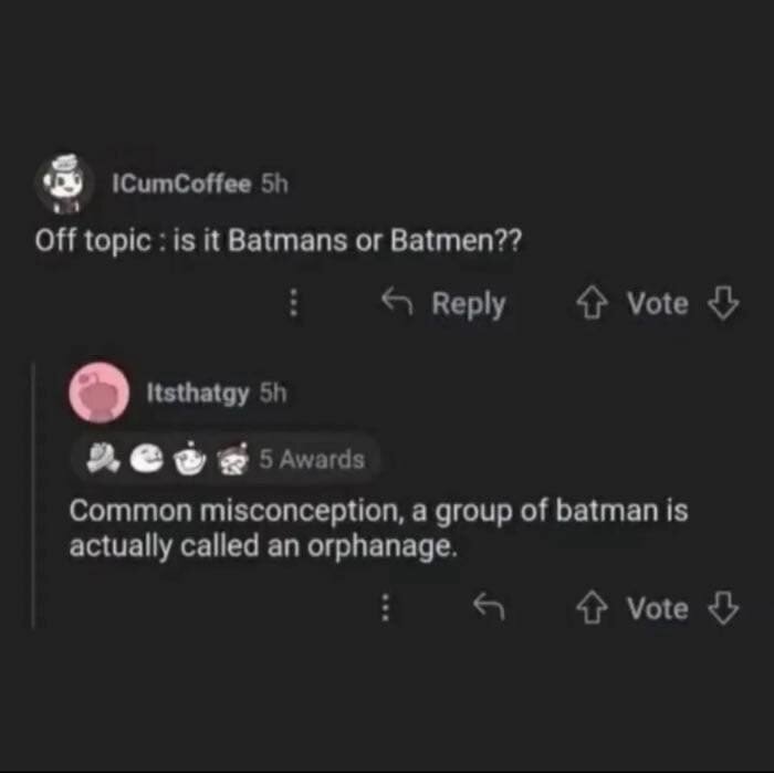 Diskussion om pluralformen av Batman med humoristiskt svar, "orphanage".