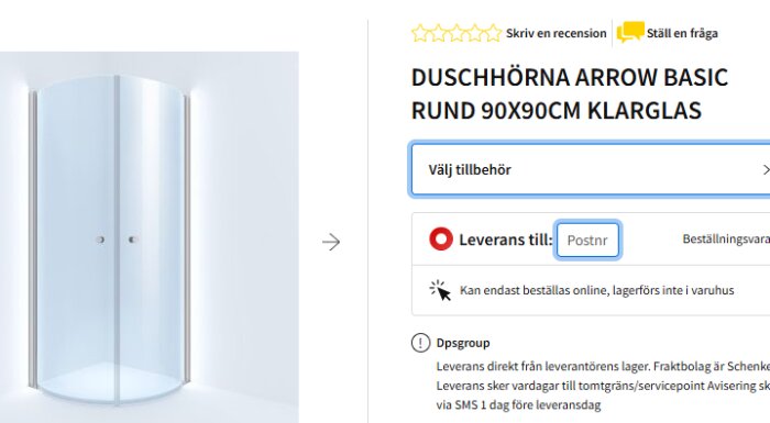 Rund duschhörna i klarglas från märket Arrow Basic, storlek 90x90 cm, visas på en produktbild med leveransinformation tillgänglig.