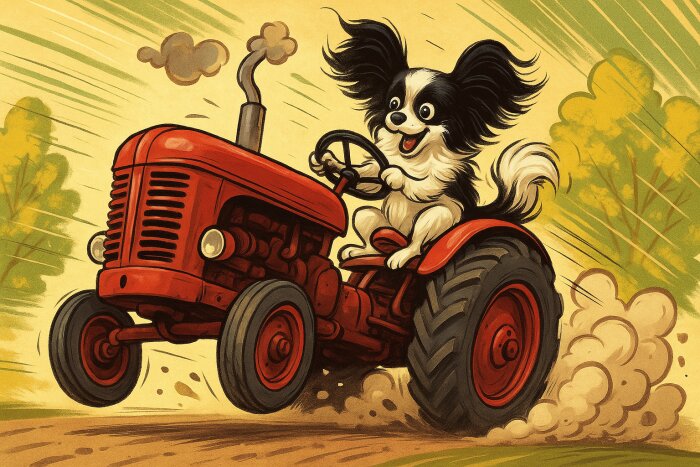En tecknad hund kör en röd traktor snabbt, ser glad ut med markerade rörelser och dammoln bakom.
