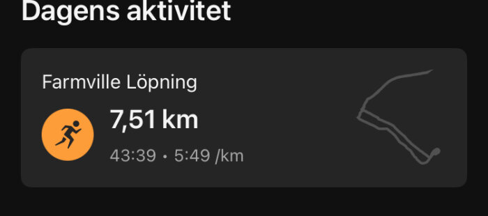 Löptur i Farmville: 7,51 km på 43:39 min, tempo 5:49 min/km, med en karta av rutten.