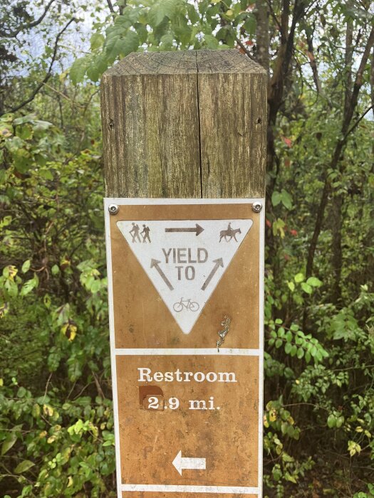 Vägskylt i naturmiljö med texten "Yield to" och symboler för vandrare, cyklister och hästar. Anvisning till toalett 2,9 miles bort.