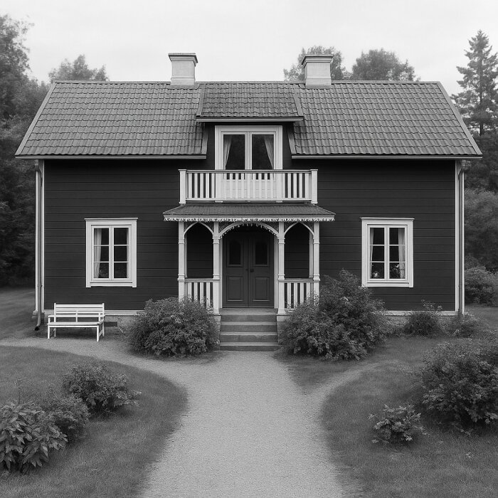 Gammalt hus med två våningar, mindre balkong och veranda i klassisk stil, omgiven av trädgård och grönska.