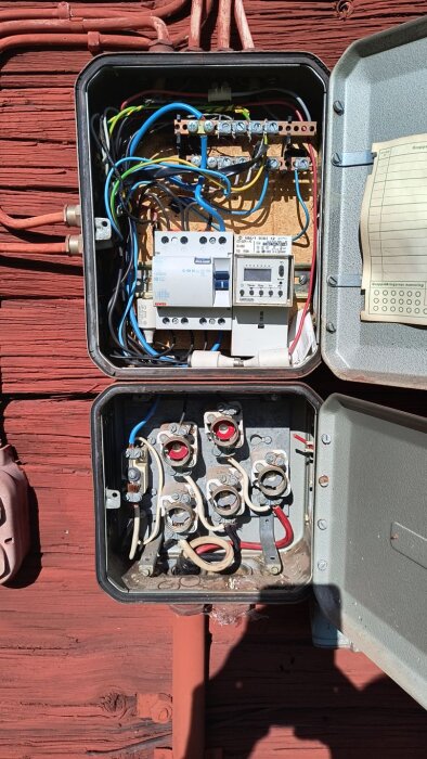 Elcentral med öppna skåp och synliga kablar vid husvägg, JFB och säkringshållare installerade.