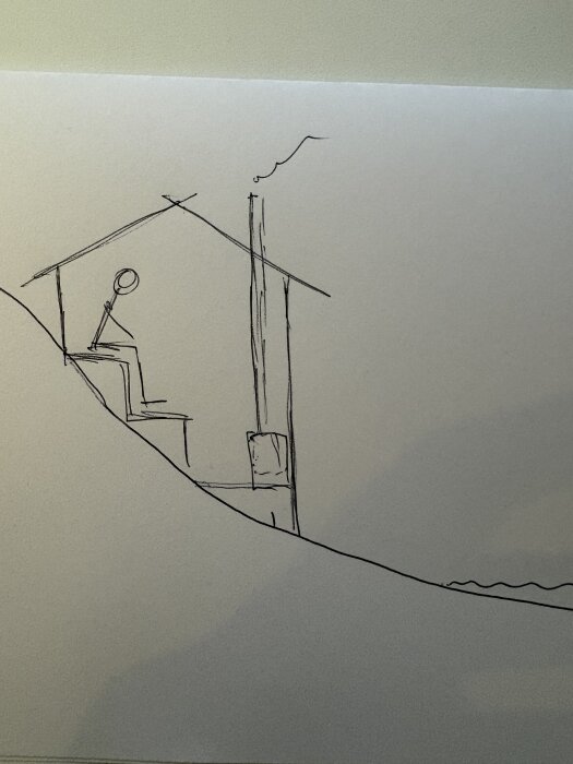 Skiss av en bastu byggd på en sluttande bergssida, med stora fönster mot vatten och en rökpelare som stiger upp från taket.