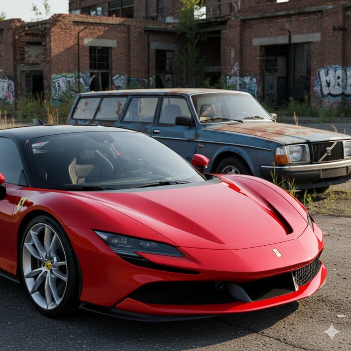 Röd sportbil framför gammal blå bil med graffiti på väggen bakom.