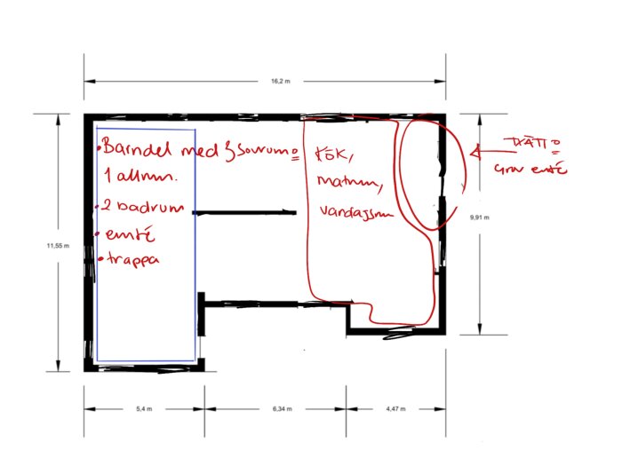 Ritning av husplan med markerade rum: barnrum, allrum, badrum, entré, trappa, kök, matrum, vardagsrum, groventré. Måttangivelser runt huset.