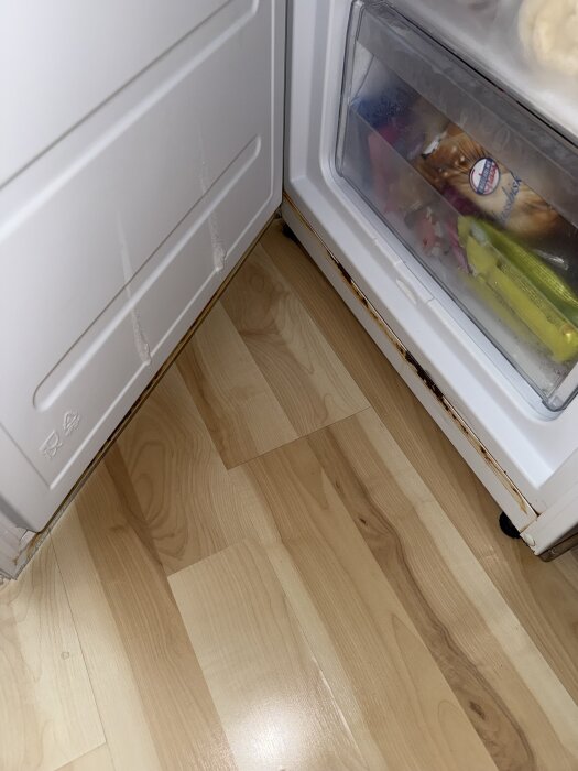 Rostskador längst ner på en vit kyl/frys med frostbildning och läckage vid dörrlisten.