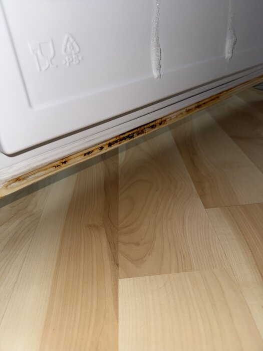 Rostfläckar längst ner på en vit kylskåpsdörr, med frost och blöta områden i närheten.