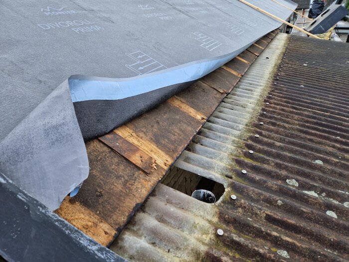 Närbild av ett tak med underlagspapp delvis uppvikt, exponerat trä, och korrugerad plåt med ett synligt hål bredvid.