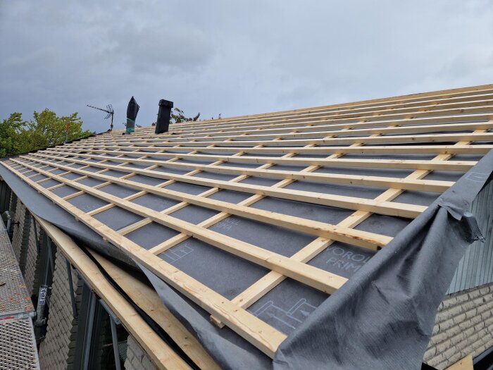 Tak med träpaneler ovanpå en diffusionsduk, plåtarbete återstår. Flera ventilationsrör och en antenn är synliga på taket.