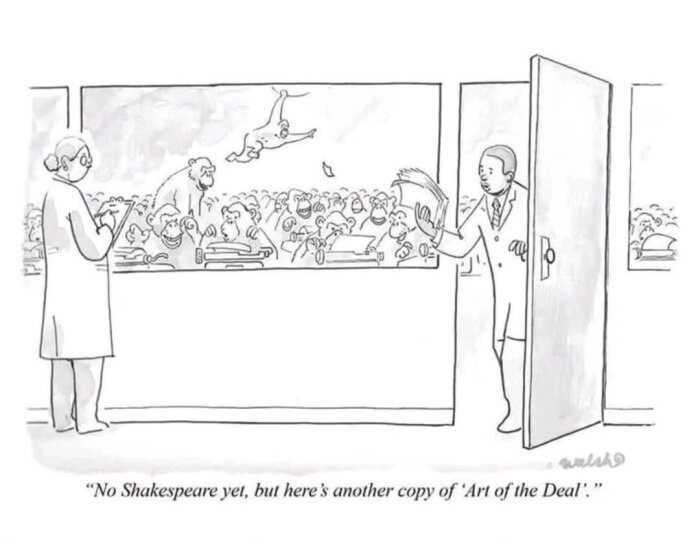 En grupp apor skriver på skrivmaskiner på kontor, medan en man håller en pappershög vid dörren. En annan person observerar genom fönster.