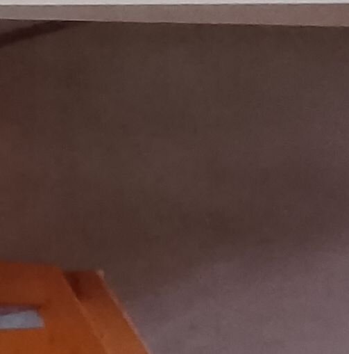 Mörk vägg i sovrum med del av trädetalj synlig i nederkant.