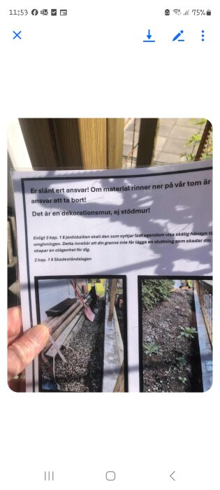 Laminated notice on rebar with a message about responsibility for material falling on property, accompanied by images of a gravel-filled area by a wall.