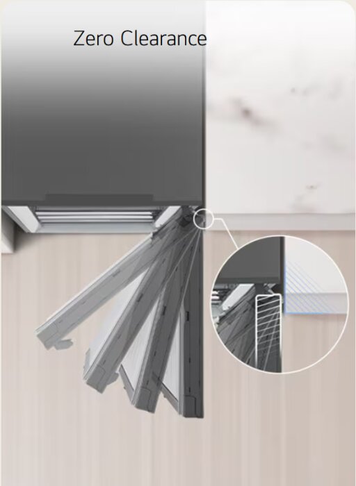 Köksapparat med dörrar öppnade i olika vinklar, visar noll clearance-koncept för att passa mellan skåp.