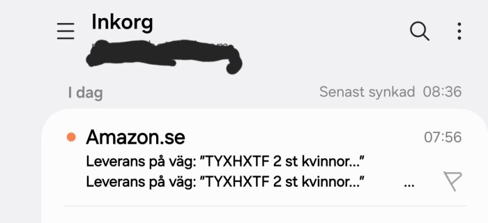 E-postmeddelande från Amazon.se med ämnet "Leverans" angående två produkter, markerat som oläst i inkorgen.