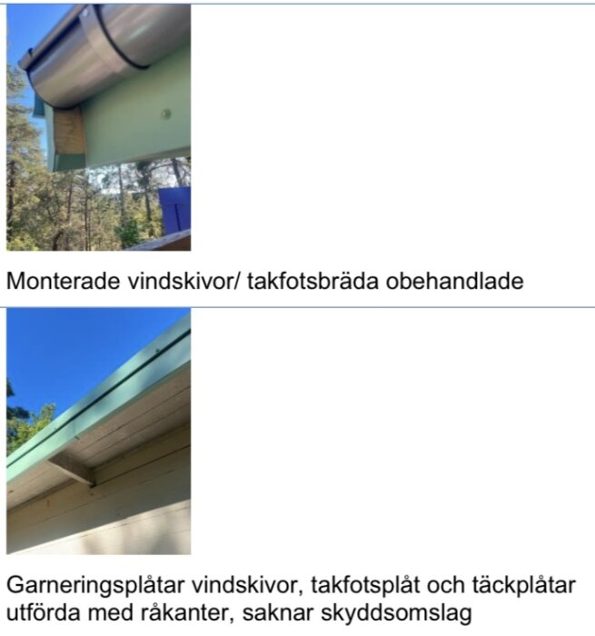 Vindskivor och takfot med täckplåt utan skydd, monterade med råkanter.