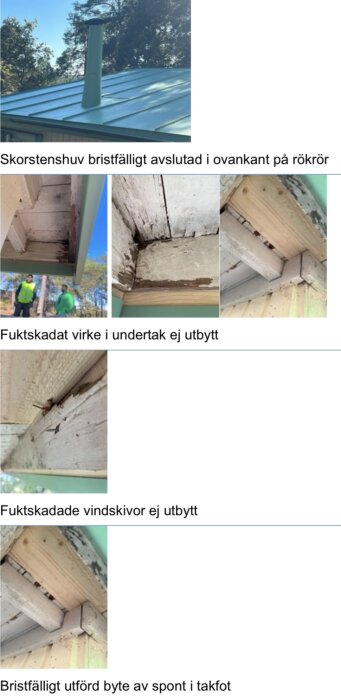Skorsten på tak med bristfällig avslutning, fuktskadat virke i undertak och vindskivor, bristfälligt bytt spont i takfot.