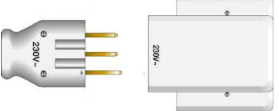 230V spisstickpropp och uttag för anslutning till spis visas, lämplig för fast installation bakom en spis.