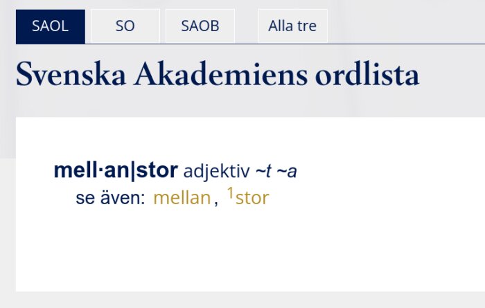 Svenska Akademiens ordlista med definitionen av ordet 'mellanstor' som ett adjektiv och hänvisningar till 'mellan' och 'stor'.