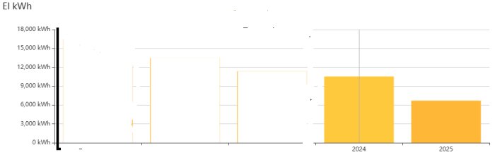 Graf som visar årlig elförbrukning i kWh för 2024 och 2025 med staplar på 10 000 respektive 8 000 kWh.
