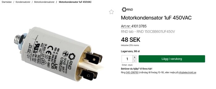 Motorkondensator 1uF 450VAC från RND, produktnummer 41013785, pris 48 SEK, lagervara hos Electrokit.