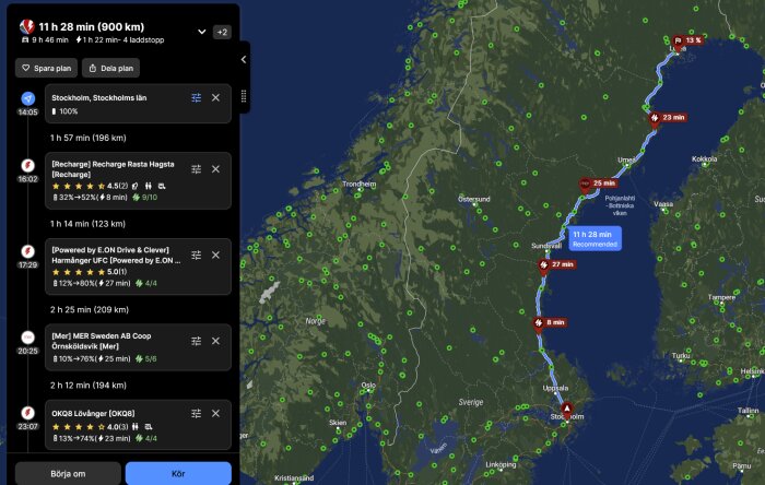 Ruttkarta över en 11 timmar lång resa från Stockholm till norra Sverige med fyra laddstopp markerade på kartan för elbilsresan.