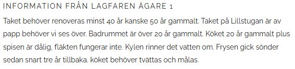 Text som beskriver ett gammalt, slitet hus med behov av renovering, inklusive tak, kök och badrum.