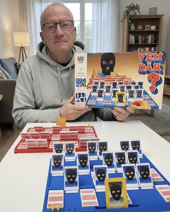 En person håller upp en spelkartong för "Vem Där?" medan spelet med masker som motiv är uppställt på ett bord framför dem.