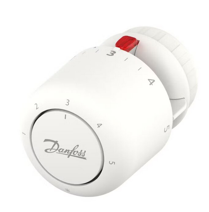 Vit Danfoss termostat med klickfäste, visad i vinkel med temperaturinställningar 1-5 synliga.