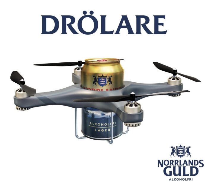 Drönare bärandes en burk Norrlands Guld alkoholfri lager, med texten "DRÖLARE" ovanför.