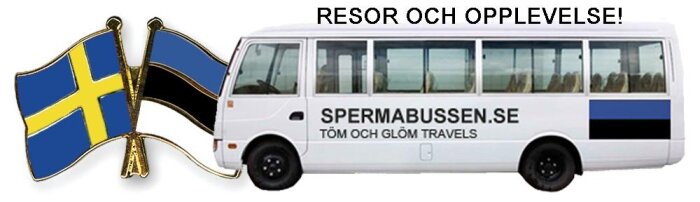 Vit buss med texten "Spermabussen.se" och flaggor på sidan. Bussen används för resor och upplevelser.