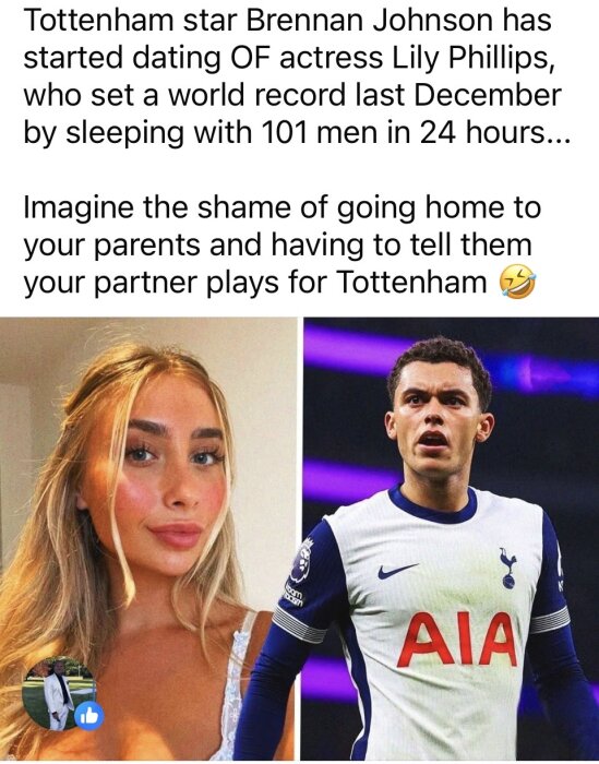 En sida-vid-sida-bild av en kvinna och en fotbollsspelare i Tottenham-tröja ovanför text om deras relation.