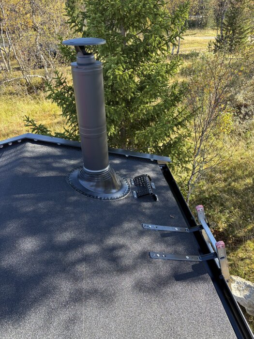 Svart skorsten på tak med steg- och glidskydd installerade. Tallarna i bakgrunden visar en skogsmiljö.