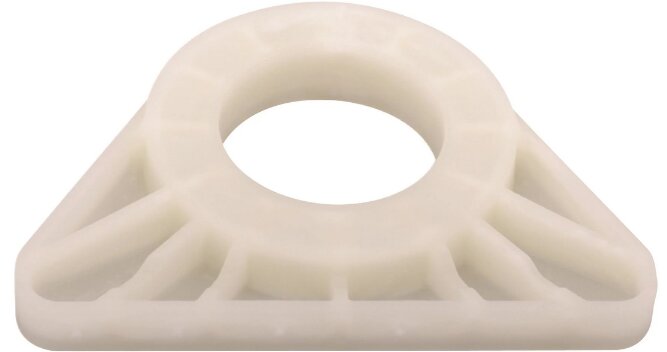 Vit stödplatta av plast med triangulär bas och rund öppning i mitten, använd för installation av blandare.