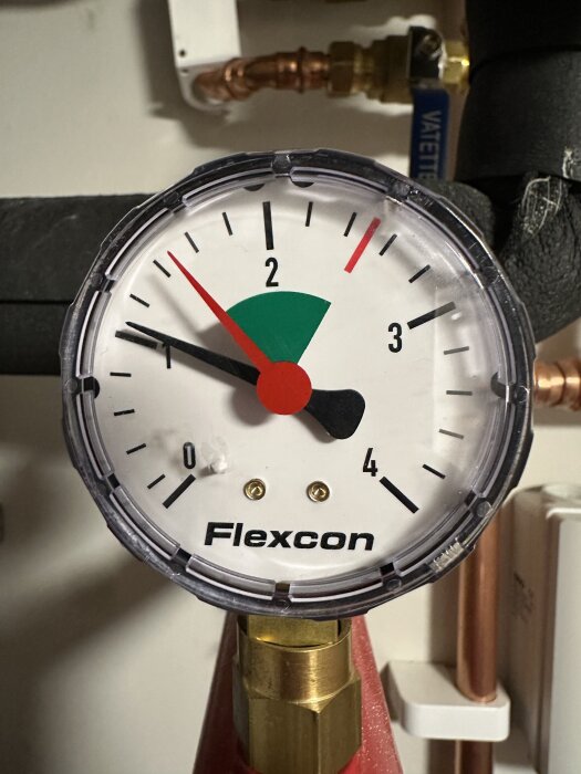 Manometer från Flexcon visar tryck med röd och grön markering. Röda nålen pekar mot det gröna området mellan 1 och 2.