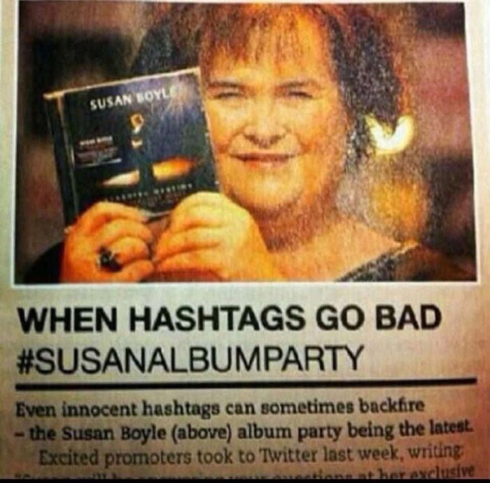Banner med texten "When Hashtags Go Bad" och hashtaggen #SUSANALBUMPARTY under en bild på en person som håller i ett album.