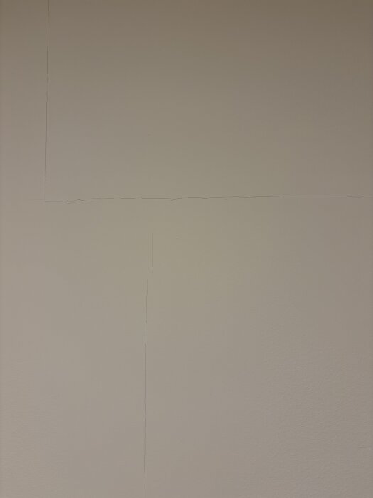 Sprickor på en innervägg av gips, både lodrätt och vågrätt, på ett 18 år gammalt hus, med tydliga missfärgningar runt omkring.