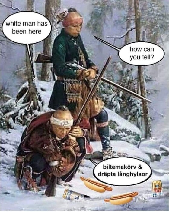 Målning av två samurajer i snö med pratbubblor, korvar, och öl på marken som humoristisk inslag.