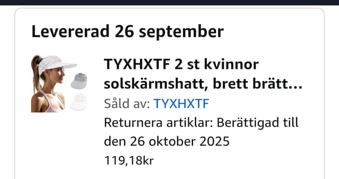 Kvinna i vit solskärmsmössa från TYXHXTF, levererad 26 september, med information om retur fram till 26 oktober 2025.