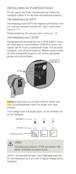 Instruktioner för inställning av pumphastighet på cirkulationspumpar med diagram och dioder för hastighet och driftsätt, inklusive varningsmeddelande.