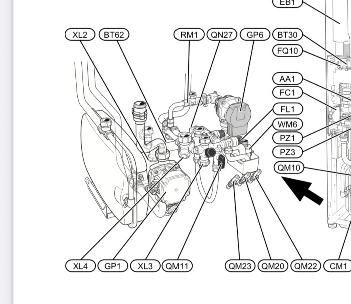 Rörschema med olika ventiler och komponenter, inklusive en märkning för cirkulationspumpen.