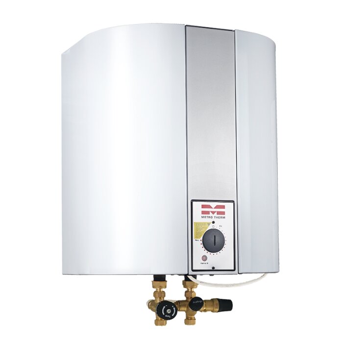Vägghängd varmvattenberedare med panel och justeringsvred från Metro Therm.