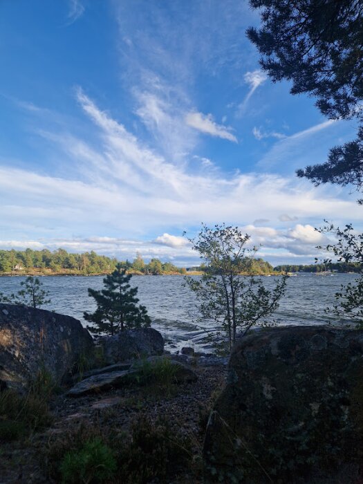 Vy över Hammarö med blå himmel, moln, skog och vatten. Stora stenar och träd i förgrunden.