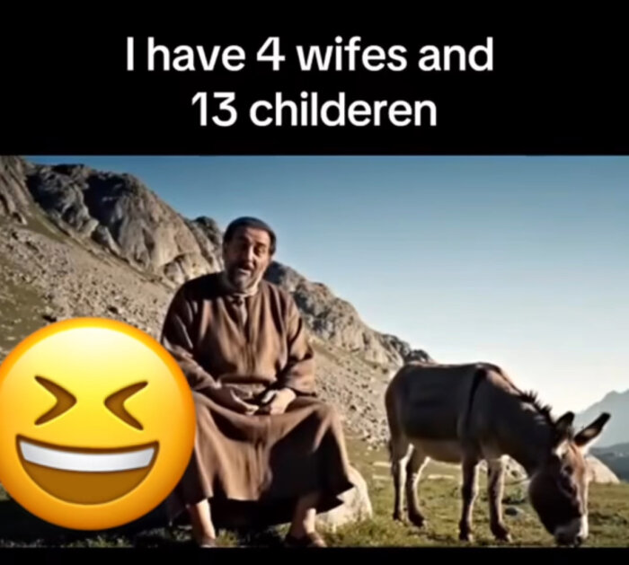 Man sitter på gräs med en åsna bredvid i bergsmiljö, med text ovanför och en stor skrattande emoji framför.