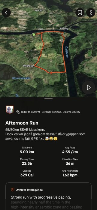 Karta över en 5 km löprunda i Torsång, Borlänge, markerad i rött. Information om distans, tidsåtgång, tempo och kaloriförbrukning visas.