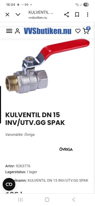 Kulventil DN 15 med in- och utvändig gänga och röd spak, visas i en onlinebutik för VVS-produkter.
